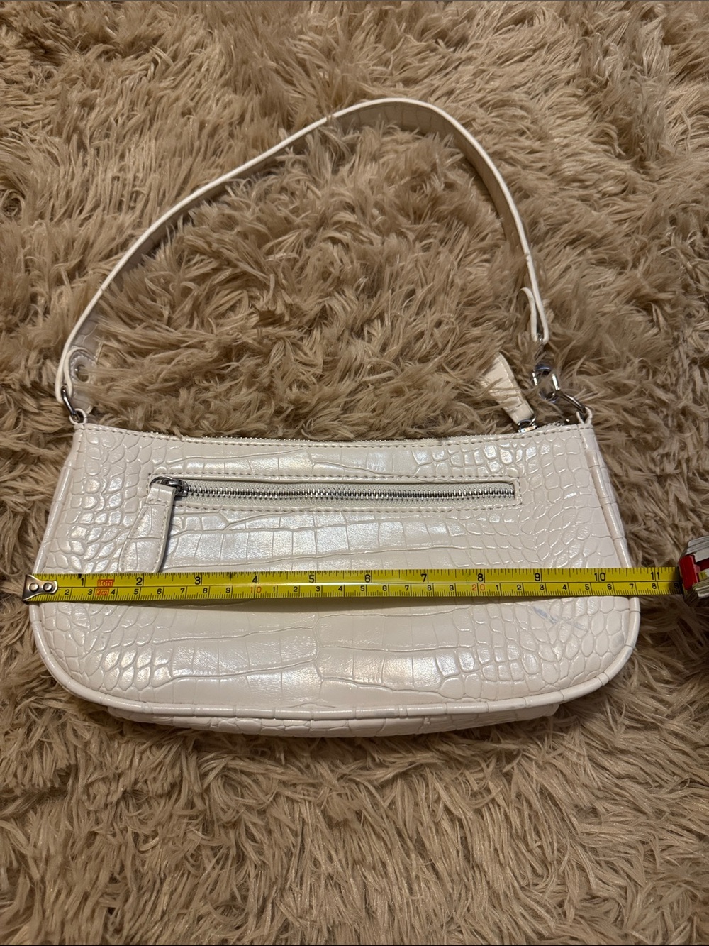 Ivory Croc-Embossed Shoulder Bag with Front Zip Pocket